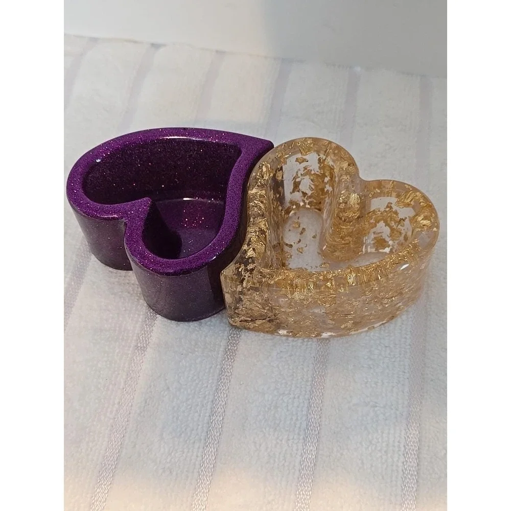 Handmade Resin Purple And Gold Heart‎ Shaped Trinket Boxes. 757